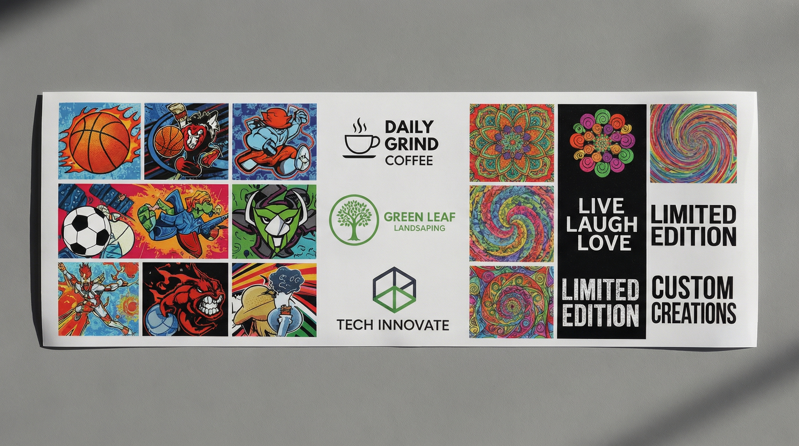 Wide DTF gang sheet displaying multiple logo layouts