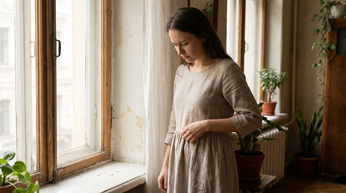 Woman looking uncertain about her dress choice
