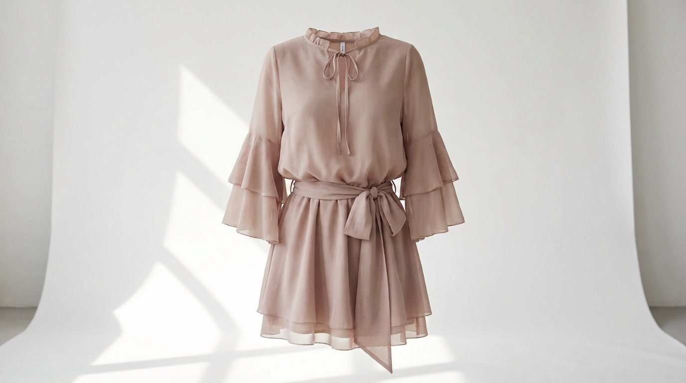 Front view of the Beatrice cocktail dress in studio lighting