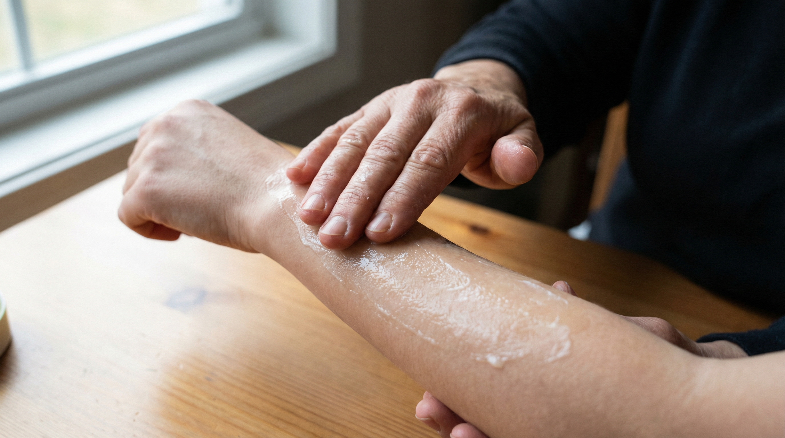 Hands applying greasy balm, highlighting residue